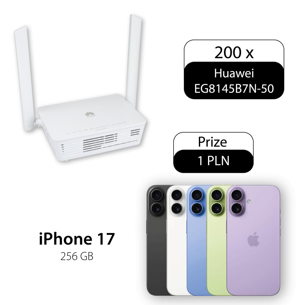200 sztuk Huawei EG8145B7N-50 (terminal GPON ONT Wi-Fi 7 BE3600) z iPhone 17 256GB za 1 zł