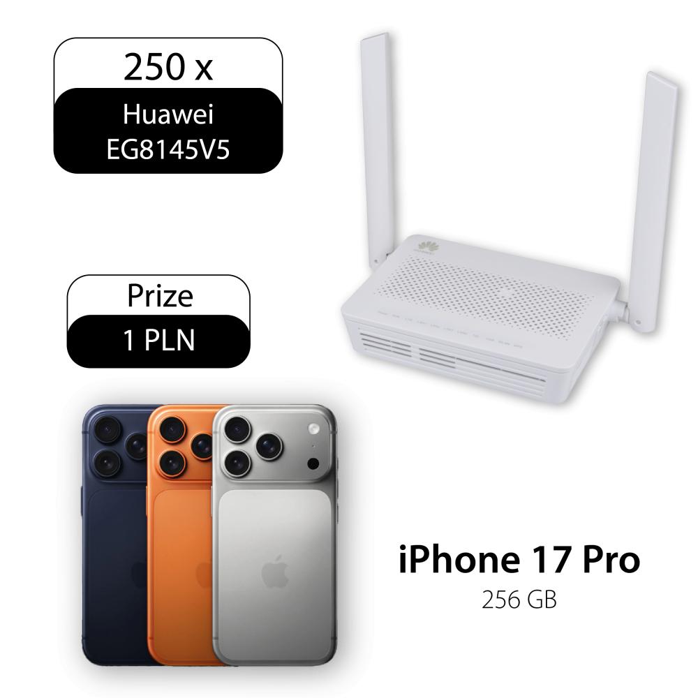 250 sztuk Huawei EG8145V5 (terminal GPON ONT Wi-Fi 5 AC1200) z iPhone 17 Pro 256GB za 1 zł