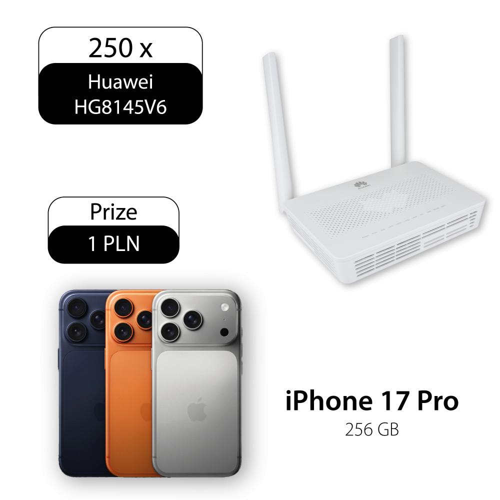 250 sztuk Huawei HG8145V6 (terminal GPON ONT Wi-Fi 5 AC1200) z iPhone 17 Pro 256GB za 1 zł